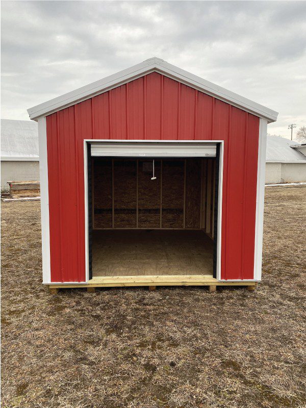 red shed with garage door