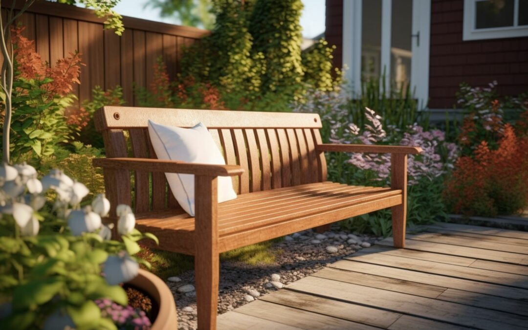 BradDFM a photo realistic image of a wooden bench in a backyard a9402d92 7148 400c ad9d 44a236e84eb6